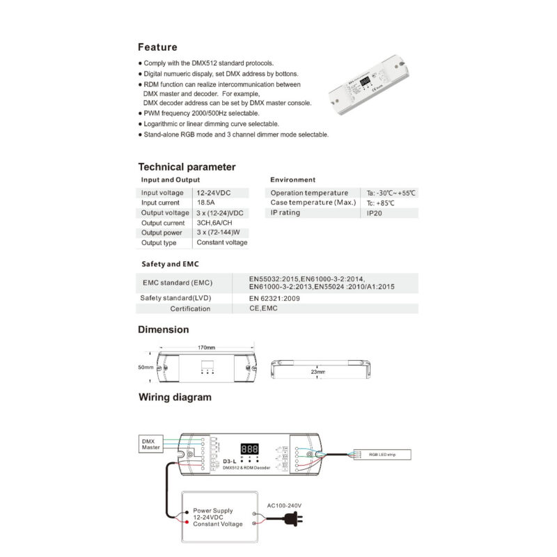 GloboStar® 71447 D3-L SKYDANCE DC DMX & RDM Dimmer High Speed Controller / Decoder 3 Καναλιών DC 12-24V 3 x 6A 144W – Max 18.5A 432W – IP20 Μ17 x Π5 x Υ2.5cm – 5 Years Warranty
