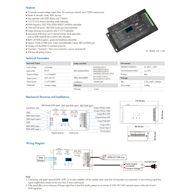 GloboStar® 71448 D5 SKYDANCE DC DMX & RDM Dimmer High Speed Controller / Decoder 5 Καναλιών DC 12-24V 5 x 6A 144W – Max 30A 864W – IP20 Μ17 x Π8 x Υ4cm – 5 Years Warranty