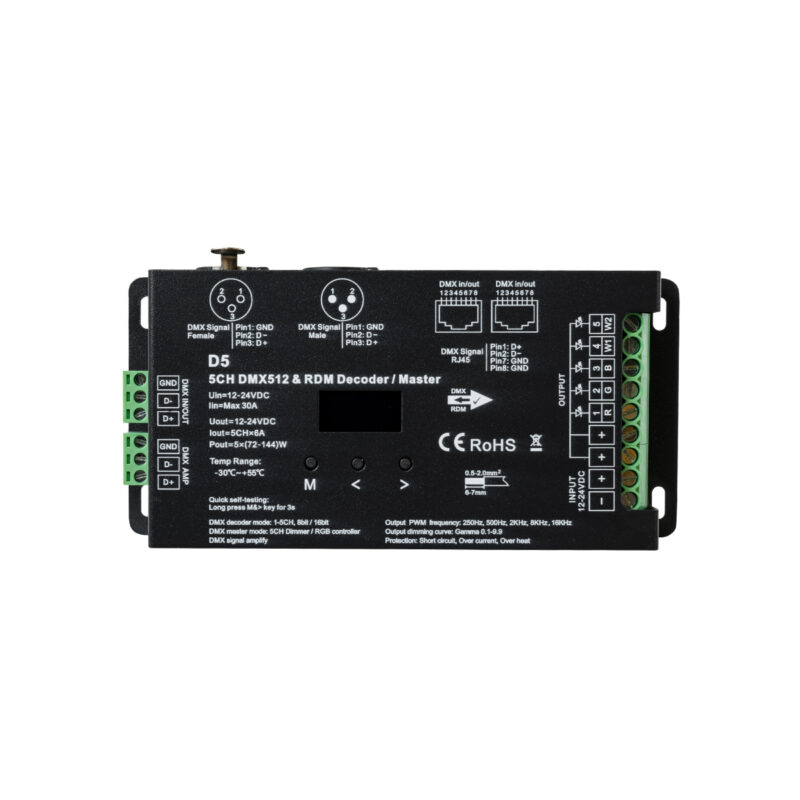 GloboStar® 71448 D5 SKYDANCE DC DMX & RDM Dimmer High Speed Controller / Decoder 5 Καναλιών DC 12-24V 5 x 6A 144W – Max 30A 864W – IP20 Μ17 x Π8 x Υ4cm – 5 Years Warranty