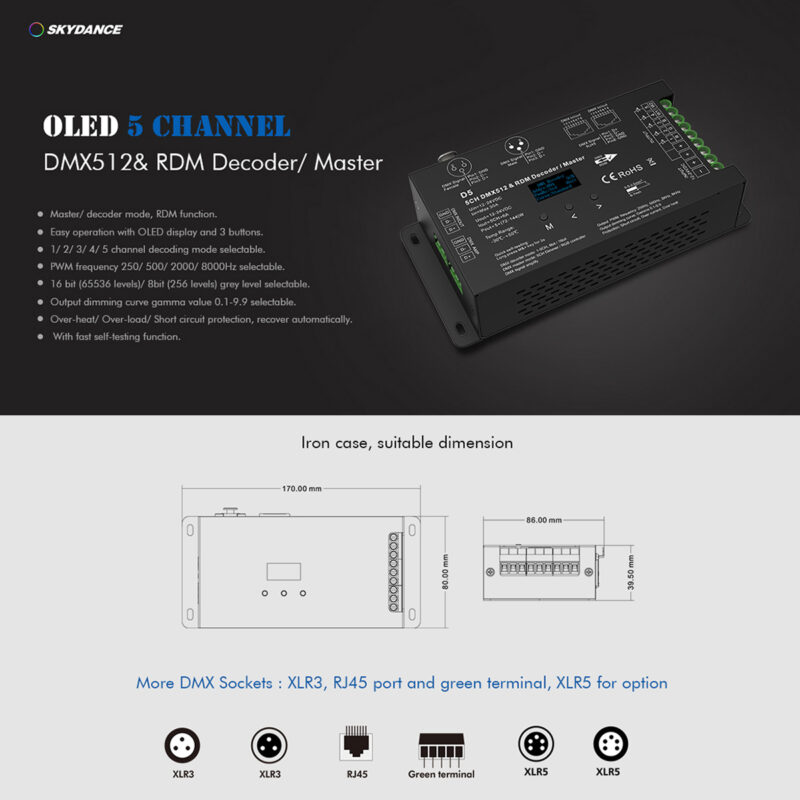 GloboStar® 71448 D5 SKYDANCE DC DMX & RDM Dimmer High Speed Controller / Decoder 5 Καναλιών DC 12-24V 5 x 6A 144W – Max 30A 864W – IP20 Μ17 x Π8 x Υ4cm – 5 Years Warranty