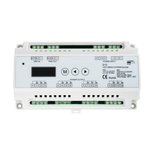 GloboStar® 71449 D12 SKYDANCE DC DMX & RDM Dimmer Din Rail Ράγας High Speed Controller / Decoder / Master 12 Καναλιών DC 12-24V 12 x 5A 120W – Max 60.5A 1440W – IP20 Μ15.5 x Π9 x Υ6cm – 5 Years Warranty