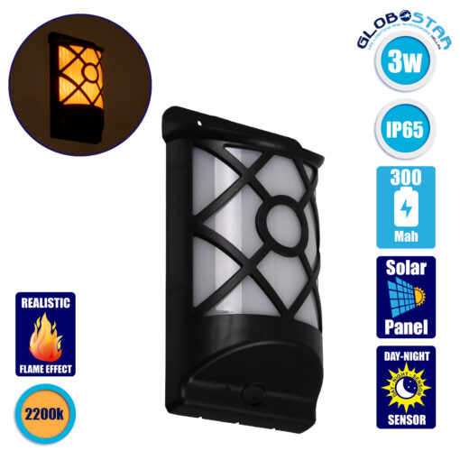 GloboStar® 71457 Αυτόνομο Ηλιακό Φωτιστικό Τοίχου Μαύρο LED SMD 3W 90lm με Ενσωματωμένη Μπαταρία 300mAh – Εφέ Φλόγας Flame Effect – Φωτοβολταϊκό Πάνελ με Αισθητήρα Ημέρας-Νύχτας IP65 Θερμό Λευκό 2200K