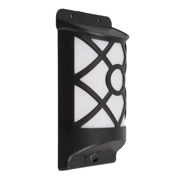 GloboStar® 71457 Αυτόνομο Ηλιακό Φωτιστικό Τοίχου Μαύρο LED SMD 3W 90lm με Ενσωματωμένη Μπαταρία 300mAh – Εφέ Φλόγας Flame Effect – Φωτοβολταϊκό Πάνελ με Αισθητήρα Ημέρας-Νύχτας IP65 Θερμό Λευκό 2200K