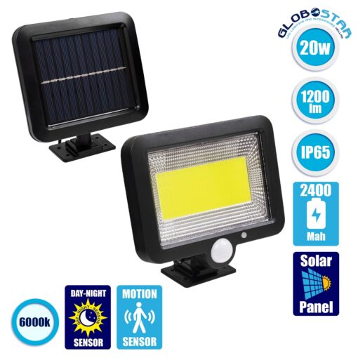 GloboStar® 71460 Αυτόνομος Ηλιακός Προβολέας LED 100 COB 20W 1200lm με Ενσωματωμένη Μπαταρία 2400mAh – Φωτοβολταϊκό Πάνελ με Αισθητήρα Ημέρας-Νύχτας – PIR Αισθητήρα Κίνησης Αδιάβροχο IP65 Ψυχρό Λευκό 6000K