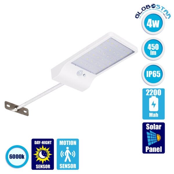 GloboStar® 71467 Αυτόνομο Ηλιακό Φωτιστικό Τοίχου Λευκό LED SMD 4W 550lm με Ενσωματωμένη Μπαταρία 2200mAh – Φωτοβολταϊκό Πάνελ – Βάση Στήριξης – Αισθητήρα Ημέρας-Νύχτας PIR Αισθητήρα Κίνησης Αδιάβροχο IP65 Ψυχρό Λευκό 6000K