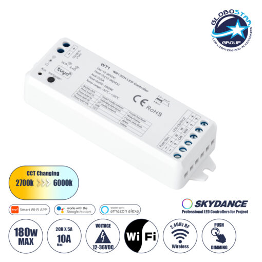 GloboStar® 71468 WT1 SKYDANCE DC WiFi & RF 2.4Ghz Dimmer High Speed Controller 2 Καναλιών DC 12-36V 2 x 5A 180W – Max 10A 180W – IP20 Μ11.5 x Π3.5 x Υ2cm – 5 Years Warranty