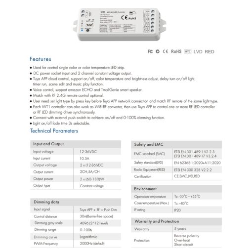 GloboStar® 71468 WT1 SKYDANCE DC WiFi & RF 2.4Ghz Dimmer High Speed Controller 2 Καναλιών DC 12-36V 2 x 5A 180W – Max 10A 180W – IP20 Μ11.5 x Π3.5 x Υ2cm – 5 Years Warranty
