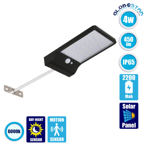 GloboStar® 71469 Αυτόνομο Ηλιακό Φωτιστικό Τοίχου Μαύρο LED SMD 4W 550lm με Ενσωματωμένη Μπαταρία 2200mAh – Φωτοβολταϊκό Πάνελ – Βάση Στήριξης – Αισθητήρα Ημέρας-Νύχτας PIR Αισθητήρα Κίνησης Αδιάβροχο IP65 Ψυχρό Λευκό 6000K