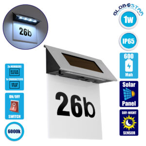 GloboStar® 71485 Αυτόνομο Ηλιακό Φωτιστικό LED SMD 1W 100lm με Ενσωματωμένη Μπαταρία 600mAh – Φωτοβολταϊκό Πάνελ με Αισθητήρα Ημέρας-Νύχτας για Αρίθμηση Διεύθυνσης Δρόμου Αδιάβροχο IP65 Ψυχρό Λευκό 6000K