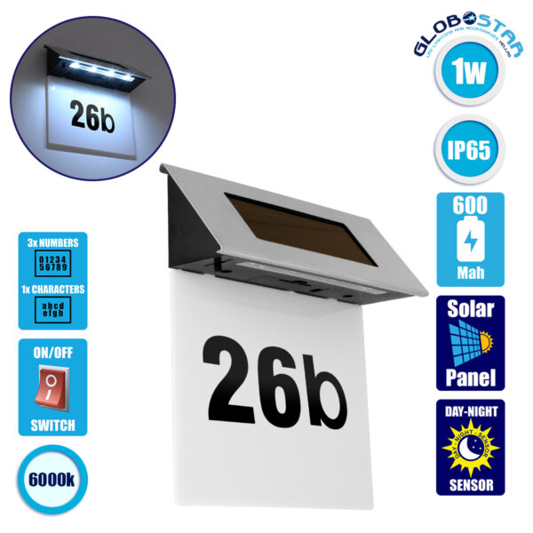 GloboStar® 71485 Αυτόνομο Ηλιακό Φωτιστικό LED SMD 1W 100lm με Ενσωματωμένη Μπαταρία 600mAh – Φωτοβολταϊκό Πάνελ με Αισθητήρα Ημέρας-Νύχτας για Αρίθμηση Διεύθυνσης Δρόμου Αδιάβροχο IP65 Ψυχρό Λευκό 6000K