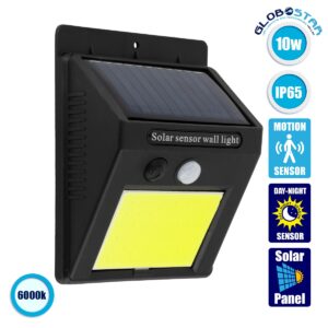 GloboStar® 71495 Αυτόνομο Ηλιακό Φωτιστικό LED COB 10W 1000lm με Ενσωματωμένη Μπαταρία 1200mAh – Φωτοβολταϊκό Πάνελ με Αισθητήρα Ημέρας-Νύχτας και PIR Αισθητήρα Κίνησης Αδιάβροχο IP65 Ψυχρό Λευκό 6000K