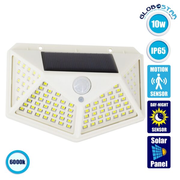 GloboStar® 71498 Αυτόνομο Ηλιακό Φωτιστικό LED SMD 10W 1000lm με Ενσωματωμένη Μπαταρία 1200mAh – Φωτοβολταϊκό Πάνελ με Αισθητήρα Ημέρας-Νύχτας και PIR Αισθητήρα Κίνησης Αδιάβροχο IP65 Ψυχρό Λευκό 6000K