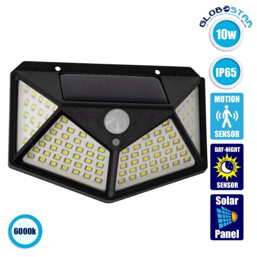GloboStar® 71499 Αυτόνομο Ηλιακό Φωτιστικό LED SMD 10W 1000lm με Ενσωματωμένη Μπαταρία 1200mAh – Φωτοβολταϊκό Πάνελ με Αισθητήρα Ημέρας-Νύχτας και PIR Αισθητήρα Κίνησης Αδιάβροχο IP65 Ψυχρό Λευκό 6000K