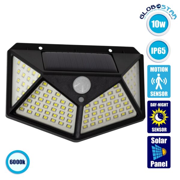 GloboStar® 71499 Αυτόνομο Ηλιακό Φωτιστικό LED SMD 10W 1000lm με Ενσωματωμένη Μπαταρία 1200mAh – Φωτοβολταϊκό Πάνελ με Αισθητήρα Ημέρας-Νύχτας και PIR Αισθητήρα Κίνησης Αδιάβροχο IP65 Ψυχρό Λευκό 6000K