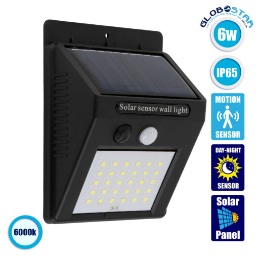 GloboStar® 71500 Αυτόνομο Ηλιακό Φωτιστικό LED SMD 6W 600lm με Ενσωματωμένη Μπαταρία 1200mAh – Φωτοβολταϊκό Πάνελ με Αισθητήρα Ημέρας-Νύχτας και PIR Αισθητήρα Κίνησης Αδιάβροχο IP65 Ψυχρό Λευκό 6000K