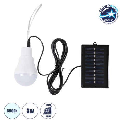 GloboStar® SOLAR-BULB 71502 Αυτόνομη Ηλιακή Κρεμαστή Λάμπα LED A60 Γλόμπος 10W 250lm 260° με Φωτοβολταικό Panel 5V 4W & Επαναφορτιζόμενη Μπαταρία Li-ion 3.2V 600mAh – IP54 – Ψυχρό Λευκό 6000K – Φ6 x Υ10cm – 2 Years Warranty