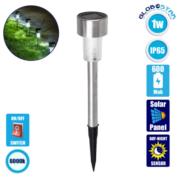 GloboStar® 71520 Αυτόνομο Ηλιακό Φωτιστικό LED SMD 1W 100lm με Ενσωματωμένη Μπαταρία 600mAh – Φωτοβολταϊκό Πάνελ με Αισθητήρα Ημέρας-Νύχτας Αδιάβροχο IP65 Φανάρι Κήπου Στρογγυλό Ψυχρό Λευκό 6000K