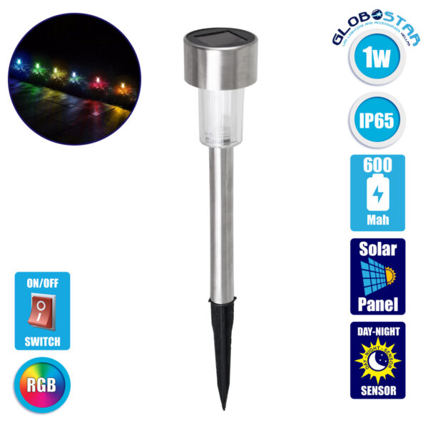 GloboStar® 71522 Αυτόνομο Ηλιακό Φωτιστικό LED SMD 1W 90lm με Ενσωματωμένη Μπαταρία 600mAh – Φωτοβολταϊκό Πάνελ με Αισθητήρα Ημέρας-Νύχτας Αδιάβροχο IP65 Φανάρι Κήπου Στρογγυλό Πολύχρωμο RGB