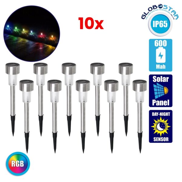 GloboStar® 71522-10 ΣΕΤ 10 Τεμαχίων Αυτόνομα Ηλιακά Φωτιστικά LED SMD 1W 90lm με Ενσωματωμένη Μπαταρία 600mAh – Φωτοβολταϊκό Πάνελ με Αισθητήρα Ημέρας-Νύχτας Αδιάβροχο IP65 Φανάρι Κήπου Στρογγυλό Πολύχρωμο RGB