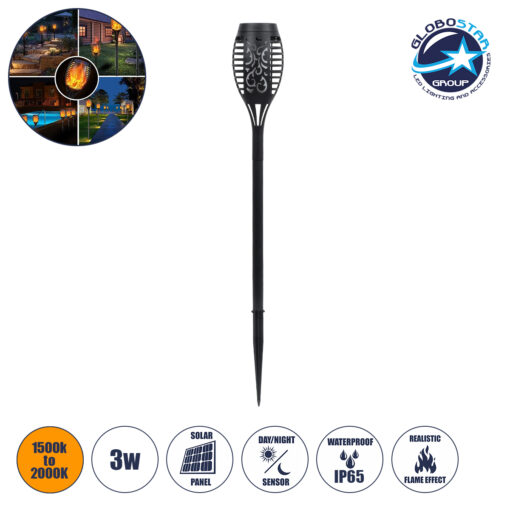 GloboStar® 71527 Αυτόνομο Ηλιακό Φωτιστικό LED SMD 3W 150lm με Ενσωματωμένη Μπαταρία 600mAh – Φωτοβολταϊκό Πάνελ – Αισθητήρα Ημέρας-Νύχτας Φαναράκι Κήπου – Εφέ Φλόγας Διακοσμητικό Αυτόνομο Αδιάβροχο IP65 1500-2000K Φ7 x Υ50cm
