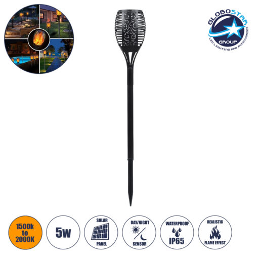 GloboStar® 71529 Αυτόνομο Ηλιακό Φωτιστικό LED SMD 5W 250lm με Ενσωματωμένη Μπαταρία 1200mAh – Φωτοβολταϊκό Πάνελ – Αισθητήρα Ημέρας-Νύχτας Φαναράκι Κήπου – Εφέ Φλόγας Διακοσμητικό Αυτόνομο Αδιάβροχο IP65 1500-2000K Φ11 x Υ75cm