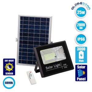 GloboStar® 71554 Αυτόνομος Ηλιακός Προβολέας LED SMD 25W 2000lm με Ενσωματωμένη Μπαταρία 3000mAh – Φωτοβολταϊκό Πάνελ με Αισθητήρα Ημέρας-Νύχτας και Ασύρματο Χειριστήριο RF 2.4Ghz Αδιάβροχος IP66 Ψυχρό Λευκό 6000K