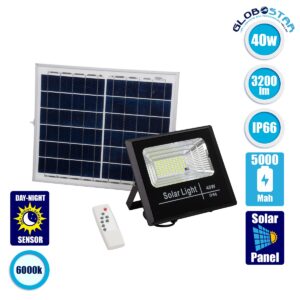 GloboStar® 71555 Αυτόνομος Ηλιακός Προβολέας LED SMD 40W 3200lm με Ενσωματωμένη Μπαταρία 5000mAh – Φωτοβολταϊκό Πάνελ με Αισθητήρα Ημέρας-Νύχτας και Ασύρματο Χειριστήριο RF 2.4Ghz Αδιάβροχος IP66 Ψυχρό Λευκό 6000K