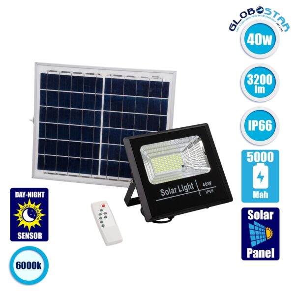 GloboStar® 71555 Αυτόνομος Ηλιακός Προβολέας LED SMD 40W 3200lm με Ενσωματωμένη Μπαταρία 5000mAh – Φωτοβολταϊκό Πάνελ με Αισθητήρα Ημέρας-Νύχτας και Ασύρματο Χειριστήριο RF 2.4Ghz Αδιάβροχος IP66 Ψυχρό Λευκό 6000K