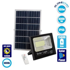 GloboStar® 71557 Αυτόνομος Ηλιακός Προβολέας LED SMD 100W 8000lm με Ενσωματωμένη Μπαταρία 15000mAh – Φωτοβολταϊκό Πάνελ με Αισθητήρα Ημέρας-Νύχτας και Ασύρματο Χειριστήριο RF 2.4Ghz Αδιάβροχος IP66 Ψυχρό Λευκό 6000K