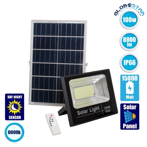 GloboStar® 71557 Αυτόνομος Ηλιακός Προβολέας LED SMD 100W 8000lm με Ενσωματωμένη Μπαταρία 15000mAh – Φωτοβολταϊκό Πάνελ με Αισθητήρα Ημέρας-Νύχτας και Ασύρματο Χειριστήριο RF 2.4Ghz Αδιάβροχος IP66 Ψυχρό Λευκό 6000K