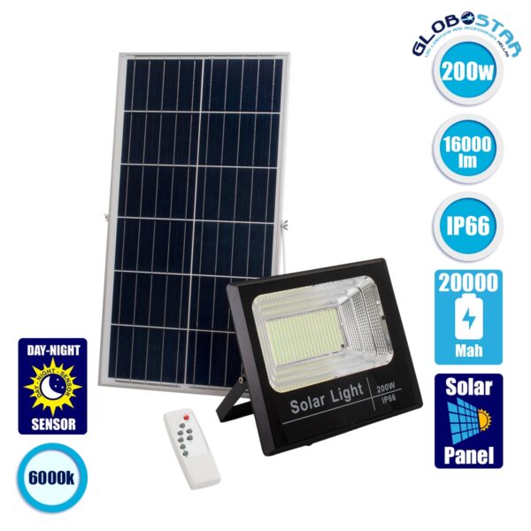 GloboStar® 71558 Αυτόνομος Ηλιακός Προβολέας LED SMD 200W 16000lm με Ενσωματωμένη Μπαταρία 20000mAh – Φωτοβολταϊκό Πάνελ με Αισθητήρα Ημέρας-Νύχτας και Ασύρματο Χειριστήριο RF 2.4Ghz Αδιάβροχος IP66 Ψυχρό Λευκό 6000K