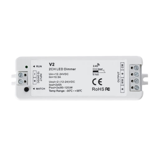 GloboStar® 71564 V2 SKYDANCE DC RF 2.4Ghz Dimmer High Speed Controller 2 Καναλιών DC 12-24V 2 x 5A 120W – Max 10.5A 252W – IP20 Μ10 x Π3.5 x Υ2cm – 5 Years Warranty