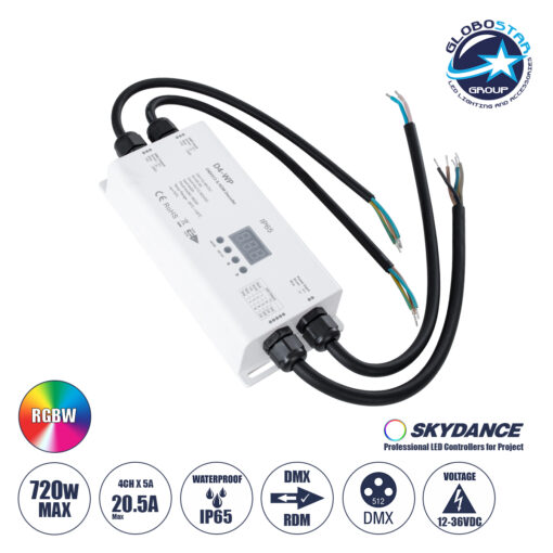 GloboStar® 71571-IP65 D4-WP SKYDANCE DC DMX & RDM Dimmer High Speed Controller / Decoder 4 Καναλιών DC 12-36V 4 x 5A 180W – Max 20.5A 720W – Αδιάβροχος IP65 Μ17 x Π8 x Υ4cm – 5 Years Warranty