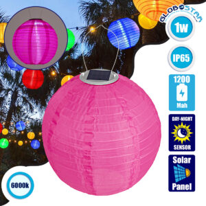 GloboStar® 71596 Αυτόνομο Ηλιακό Φωτιστικό Υφασμάτινη Φούξια Μπάλα Φ30cm LED SMD 1W 100lm με Ενσωματωμένη Μπαταρία 1200mAh – Φωτοβολταϊκό Πάνελ με Αισθητήρα Ημέρας-Νύχτας Αδιάβροχο IP65 Ψυχρό Λευκό 6000K