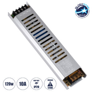 GloboStar® 73026 Μεταλλικό Τροφοδοτικό PELV Ultra Slim για Προϊόντα LED 120W 10A – AC 220-240V σε DC 12V – IP20 L22.5 x W5.4 x H2.1cm – 3 Years Warranty