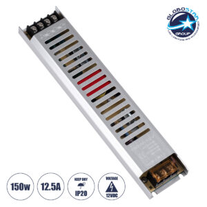 GloboStar® 73027 Μεταλλικό Τροφοδοτικό PELV Ultra Slim για Προϊόντα LED 150W 12.5A – AC 220-240V σε DC 12V – IP20 L25.2 x W5.4 x H2.1cm – 3 Years Warranty