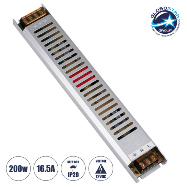GloboStar® 73028 Μεταλλικό Τροφοδοτικό PELV Ultra Slim για Προϊόντα LED 200W 16.5A – AC 220-240V σε DC 12V – IP20 L31 x W5.4 x H2.3cm – 3 Years Warranty