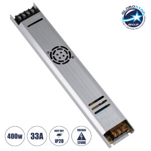 GloboStar® 73030 Μεταλλικό Τροφοδοτικό PELV Ultra Slim για Προϊόντα LED 400W 33A – AC 220-240V σε DC 12V – IP20 L31 x W5.4 x H2.3cm – 3 Years Warranty