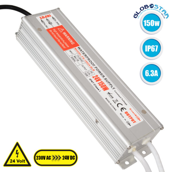 GloboStar® 73063 Τροφοδοτικό LED DC 24V 150W Αδιάβροχο IP67 Max 150W 6.25A