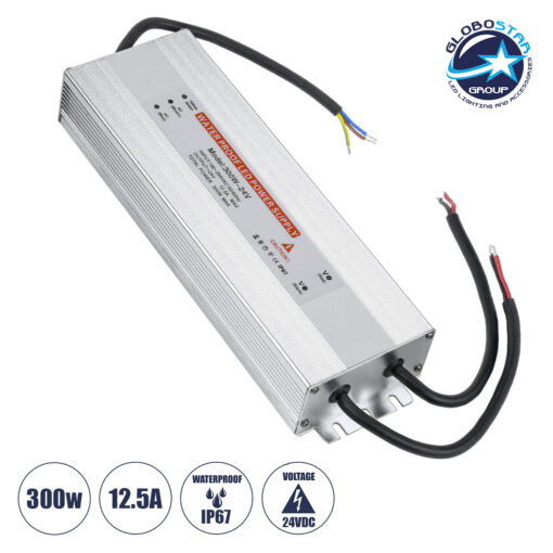 GloboStar® 73065 Μεταλλικό Τροφοδοτικό SELV για Προϊόντα LED 300W 12.5A – AC 220-240V σε DC 24V – Αδιάβροχο IP67 Μ24.5 x Π7.5 x Υ4cm – 3 Years Warranty