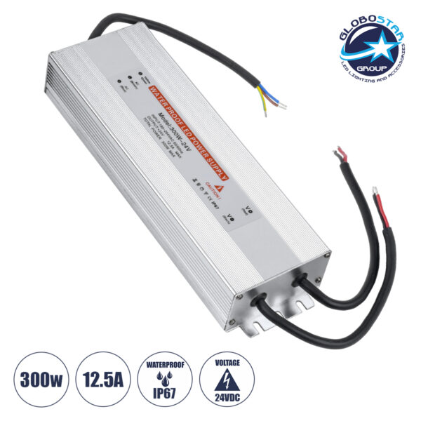 GloboStar® 73065 Μεταλλικό Τροφοδοτικό SELV για Προϊόντα LED 300W 12.5A – AC 220-240V σε DC 24V – Αδιάβροχο IP67 Μ24.5 x Π7.5 x Υ4cm – 3 Years Warranty