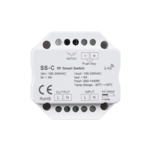 GloboStar® 73126 SS-C SKYDANCE AC RF 2.4Ghz & Push Switch 1 Κανάλι AC 100-240V 1 x 6A 1440W – Max 6A 1440W – IP20  Μ5.2 x Π5.2 x Υ2.6cm – 5 Χρόνια Εγγύηση