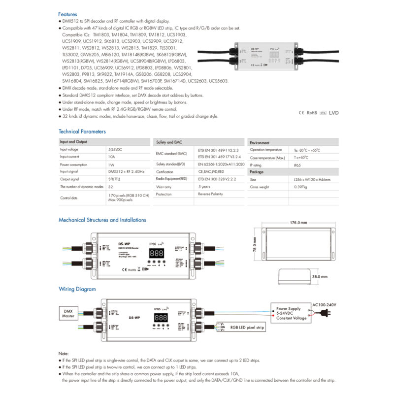GloboStar® 73143 DS-WP SKYDANCE DC RF 2.4Ghz DMX512 to SPI Decoder DC 5-24V – Αδιάβροχο IP65 Μ17 x Π8 x Υ4cm – 5 Χρόνια Εγγύηση