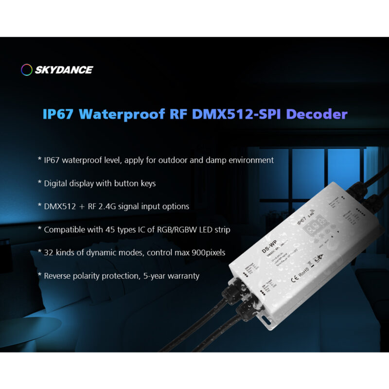 GloboStar® 73143 DS-WP SKYDANCE DC RF 2.4Ghz DMX512 to SPI Decoder DC 5-24V – Αδιάβροχο IP65 Μ17 x Π8 x Υ4cm – 5 Χρόνια Εγγύηση