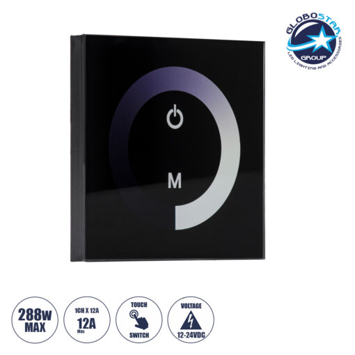 GloboStar® 73318 Επιτοίχιο Dimmer Touch – Αφής 1 Καναλιου DC 12-24V 1 x 12A 288W – Max 12A 288W – IP20 Μ9 x Π9 x Υ3.5cm – 2 Χρόνια Εγγύηση