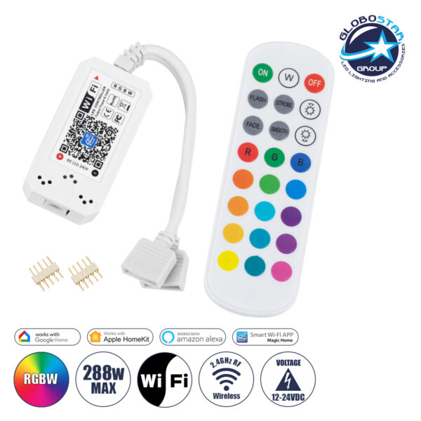 GloboStar® 73404 Ασύρματος Smart Home Wi-Fi LED RGBW Controller με 2 Εξόδους RGBW και Χειριστήριο 2.4Ghz RF DC 12V Max 144W – DC 24V Max 288W