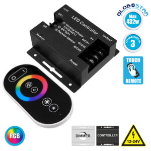 GloboStar® 73406 Ασύρματος LED RGB Controller με Χειριστήριο Αφής 2.4G RF 12v (216w) – 24v (432w) DC