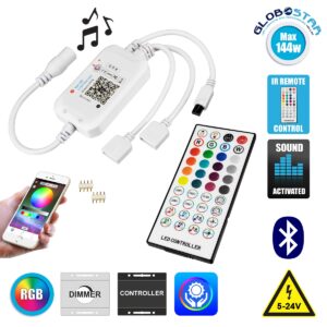 GloboStar® 73431 Ασύρματος Bluetooth LED RGB & Music Controller Sound Activated με Χειριστήριο IR & 2 Εξόδους RGB DC 5-12V Max 144W