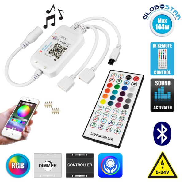 GloboStar® 73431 Ασύρματος Bluetooth LED RGB & Music Controller Sound Activated με Χειριστήριο IR & 2 Εξόδους RGB DC 5-12V Max 144W