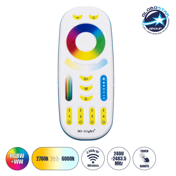 GloboStar® 73434 Mi-Light MiBOXER FUT092 – Ασύρματο Χειριστήριο Αφής έως 4 Group RF 2.4GHz 433MHz RGBW+WW Smart Touch Panel 4-Zone